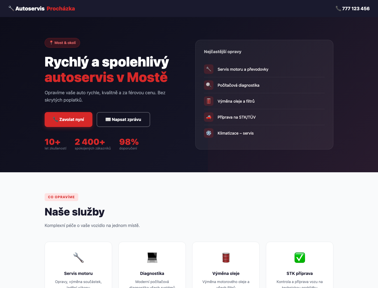 Web pro autoservis s online objednávkami